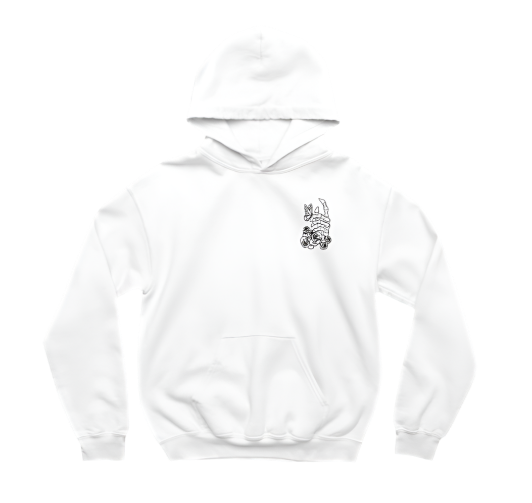 This white hoodie has a minimalist front design featuring a small black-and-white illustration of a skeletal hand holding roses with a butterfly resting on the fingers. It matches the back design from the previous image, reinforcing the “Embrace the Journey of Self Discovery” theme in a subtle way.