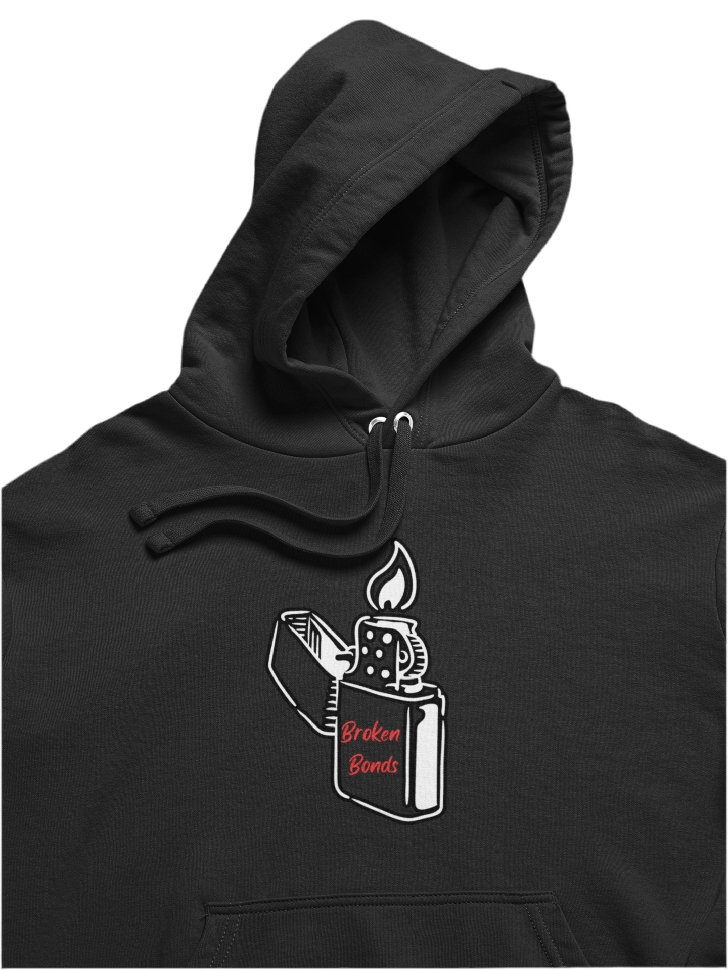 This black hoodie features a bold design with a black and white illustration of a lit lighter on the front. The lighter has the words “Broken Bonds” written in red, emphasizing a theme of moving on or letting go. The minimalist yet striking design gives it a modern, edgy aesthetic.