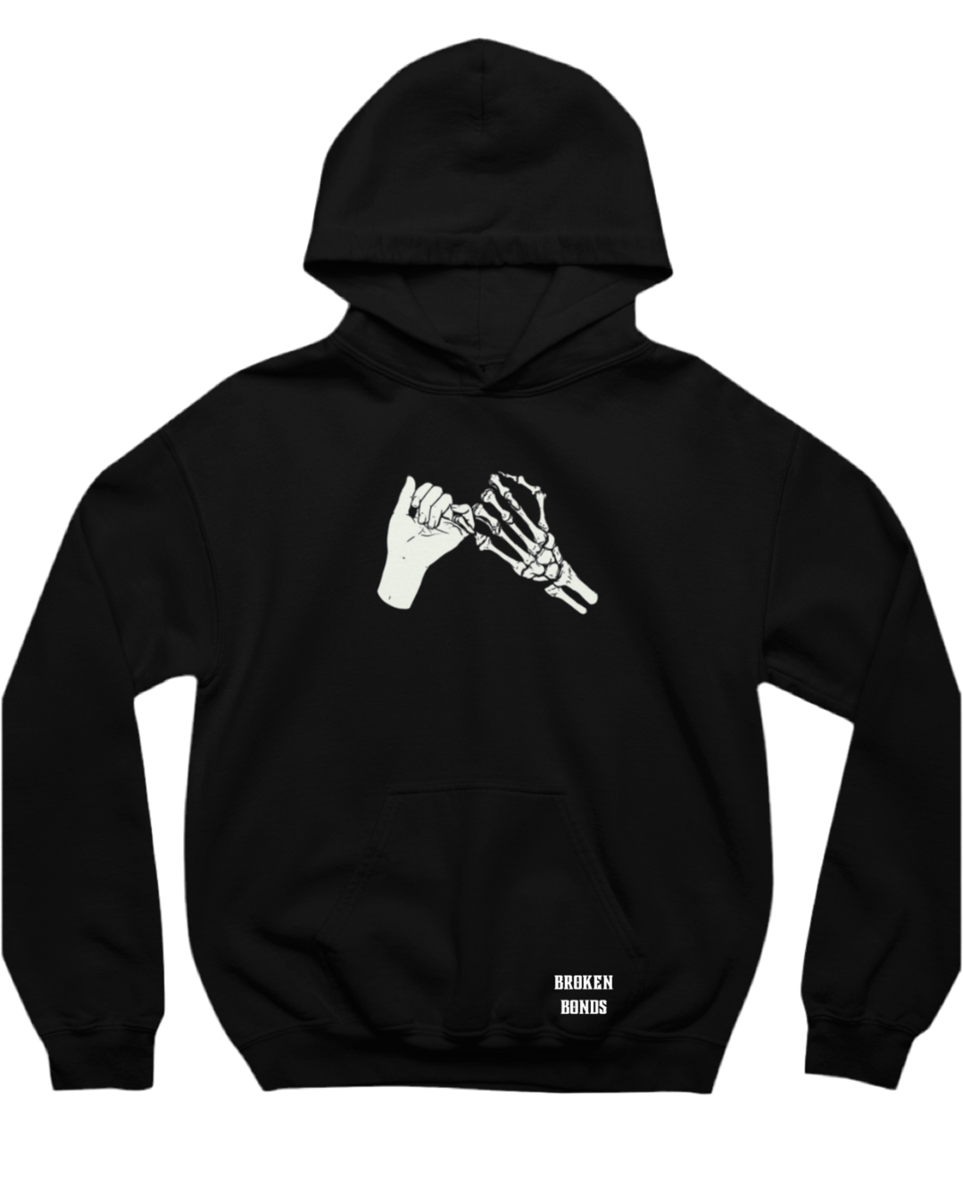 This black hoodie features a minimalist yet striking design on the front, depicting a skeletal hand and a human hand doing a pinky promise. Below the front pocket, the text reads: “BROKEN BONDS”