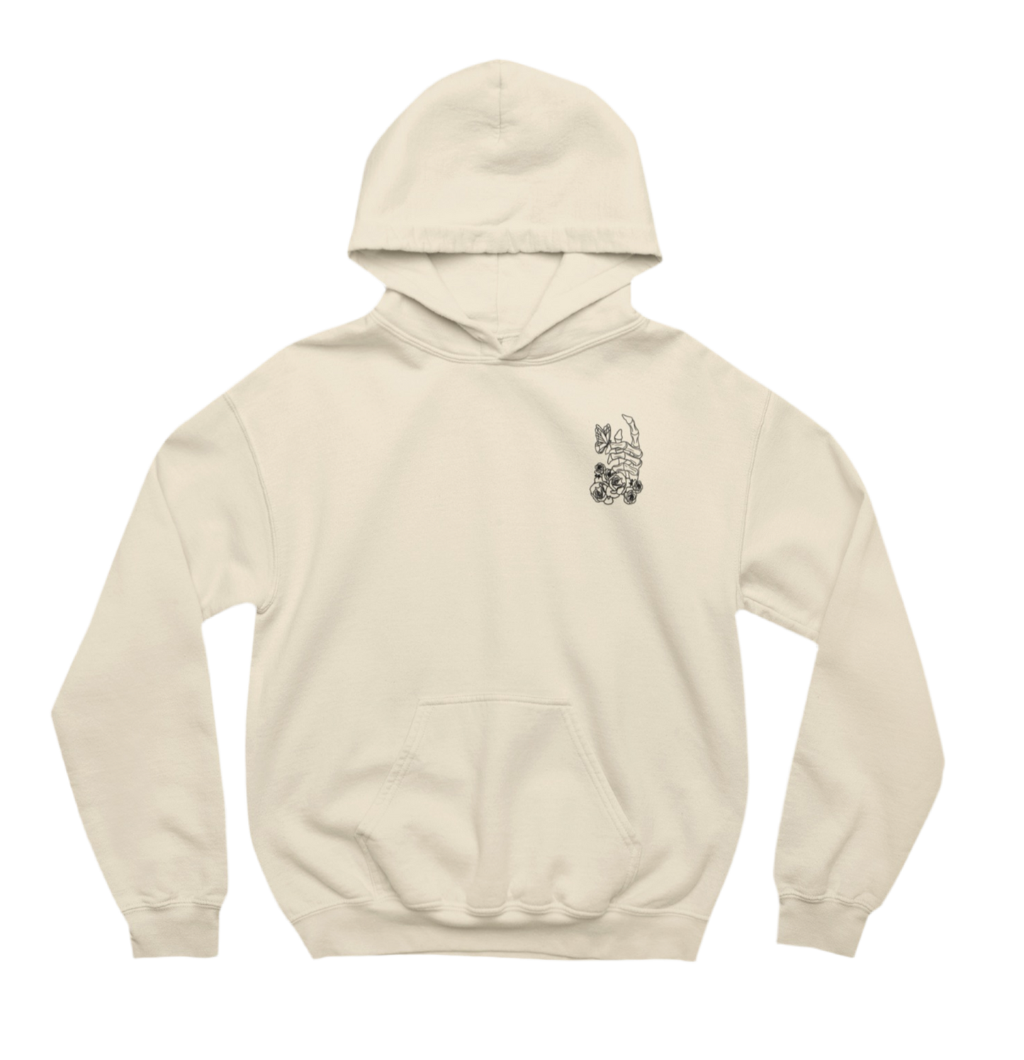 This beige hoodie has a minimalist front design featuring a small black-and-white illustration of a skeletal hand holding roses with a butterfly resting on the fingers. It matches the back design from the previous image, reinforcing the “Embrace the Journey of Self Discovery” theme in a subtle way.