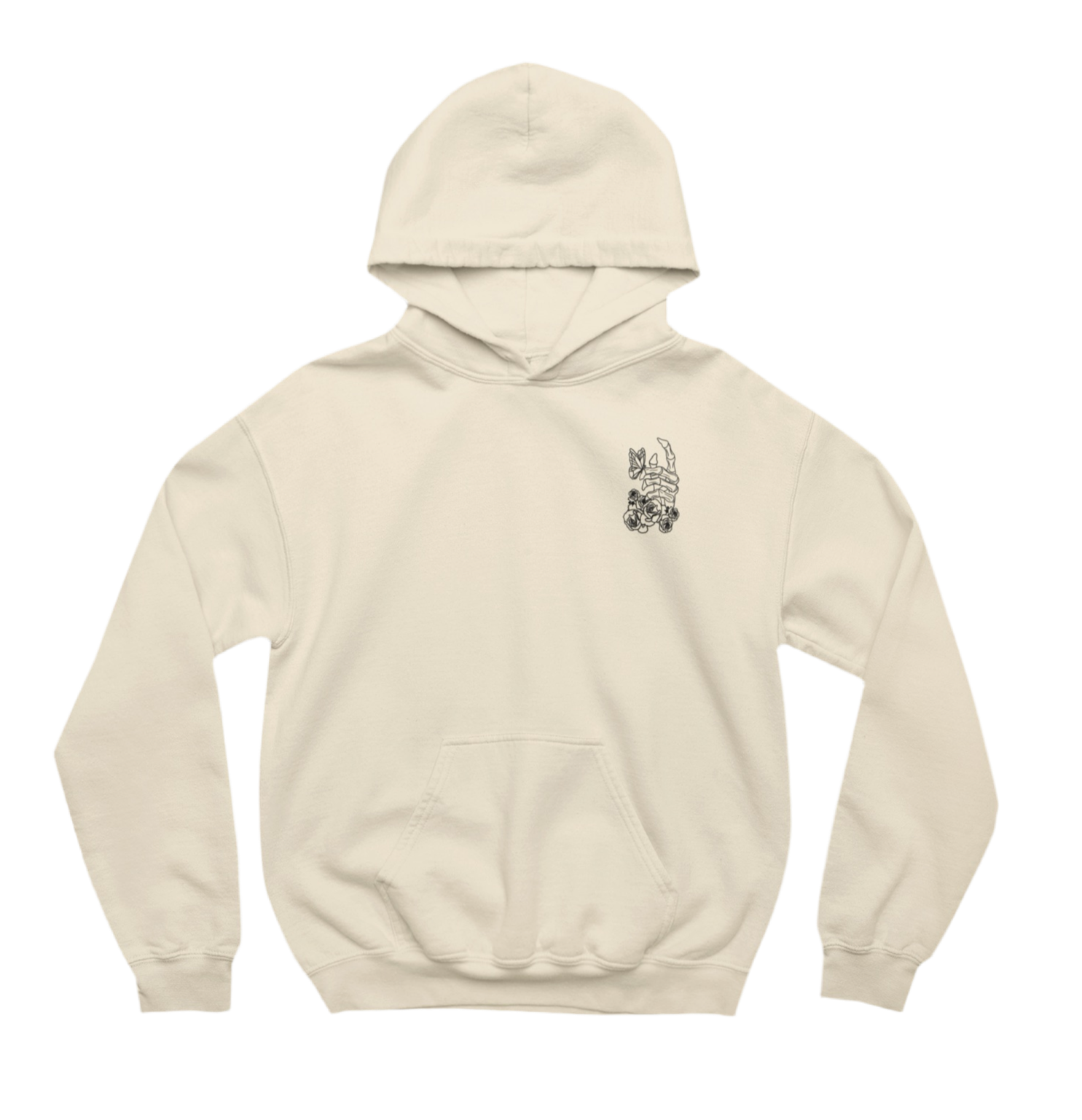 This beige hoodie has a minimalist front design featuring a small black-and-white illustration of a skeletal hand holding roses with a butterfly resting on the fingers. It matches the back design from the previous image, reinforcing the “Embrace the Journey of Self Discovery” theme in a subtle way.