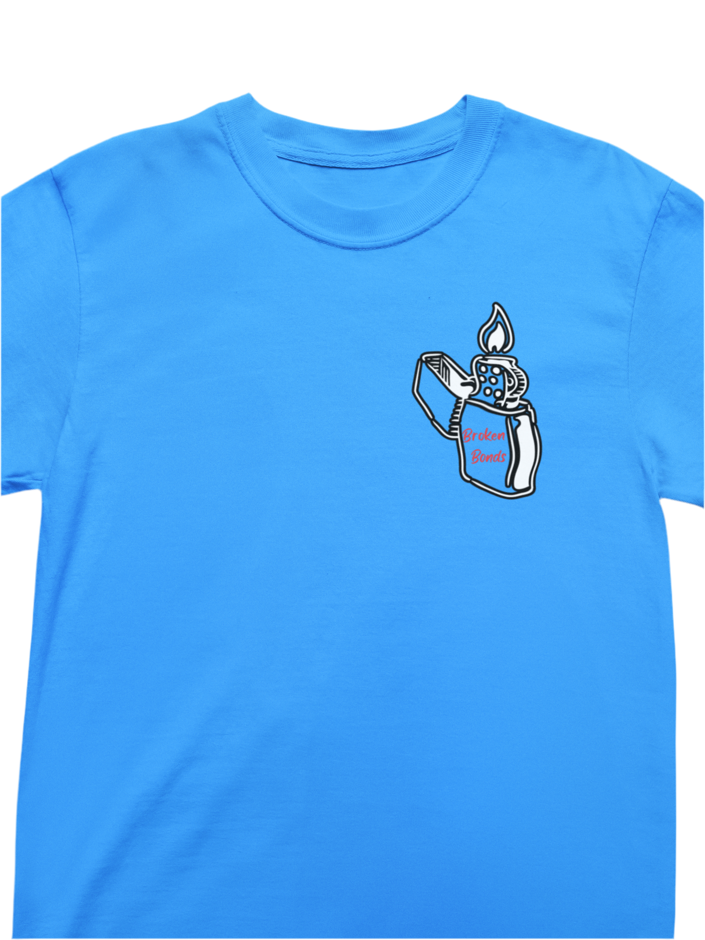 This baby blue T-shirt has a small graphic on the left chest area. The design features a white-outlined illustration of a flip-top lighter with a flame. On the lighter, the words “Broken Bonds” are written in red.