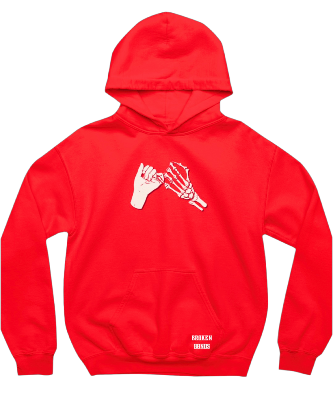 This red hoodie features a minimalist yet striking design on the front, depicting a skeletal hand and a human hand doing a pinky promise. Below the front pocket, the text reads: “BROKEN BONDS”