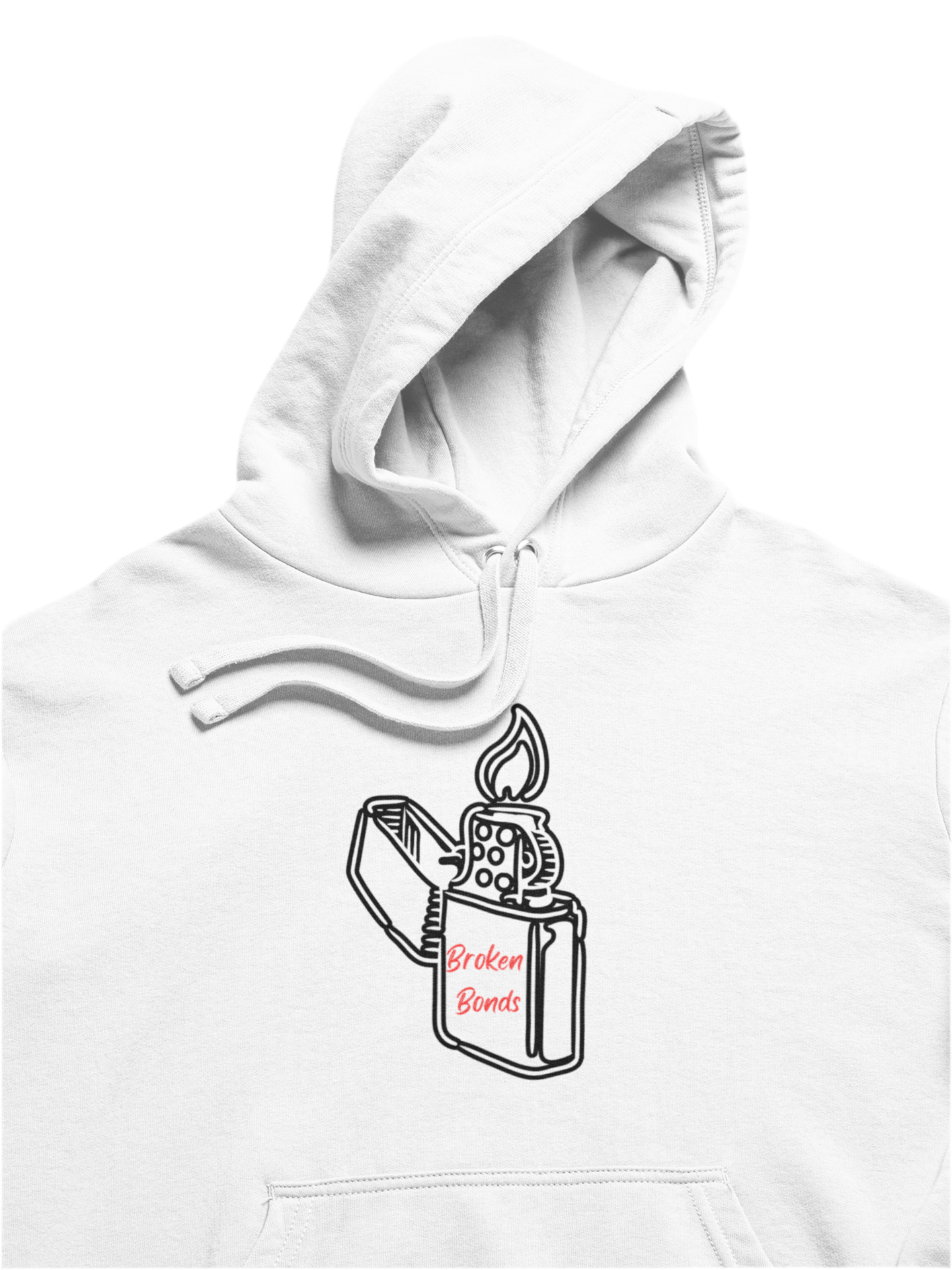 This white hoodie features a bold design with a black and white illustration of a lit lighter on the front. The lighter has the words “Broken Bonds” written in red, emphasizing a theme of moving on or letting go. The minimalist yet striking design gives it a modern, edgy aesthetic.